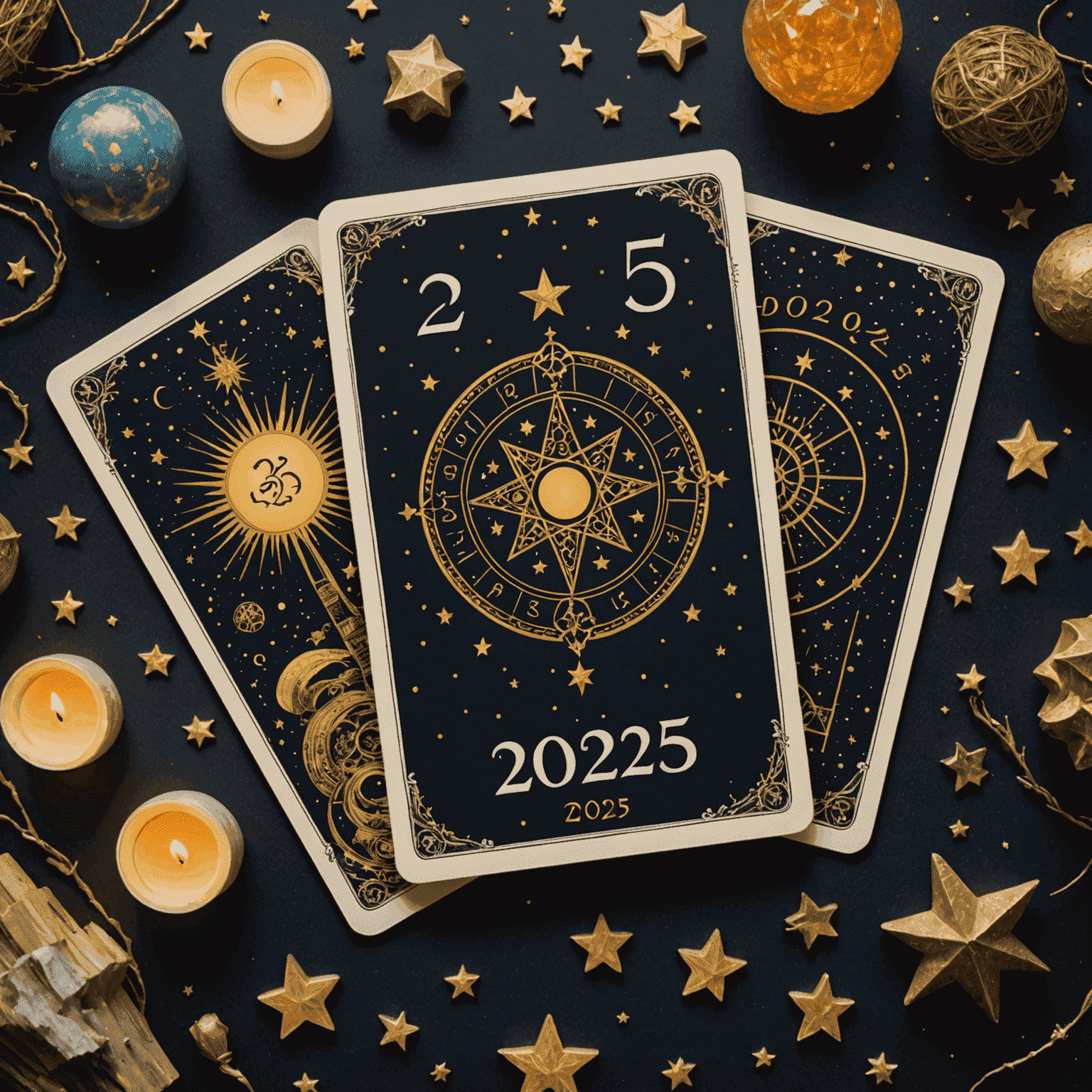 Yıldızlarla çevrili tarot kartları ve 2025 yazısı